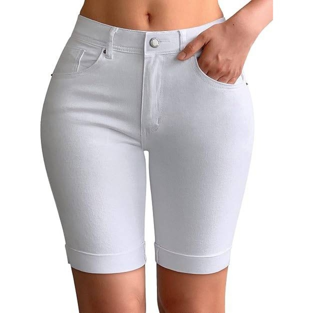 Roswear Bermuda Denim Shorts Womens L White Stretchy Cuffed Mid Rise Slim Fit
